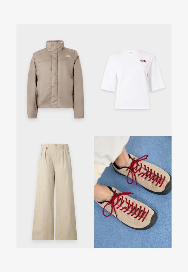 Doudoune de couleur beige clair avec un col haut, un design matelassé et un logo sur la poitrine gauche. Texture lisse et fermeture éclair à l'avant.; T-shirt blanc à manches courtes, col rond, avec un petit logo "The North Face" bordeaux sur la partie supérieure gauche de la poitrine.; Pantalons larges beiges en coton, avec des plis, une fermeture à bouton et des poches latérales, au toucher lisse et doux.; Des chaussures beiges avec des lacets rouges, posées sur une surface bleue texturée, révèlent partiellement la cheville d'une personne. Les chaussures ont un design sportif.