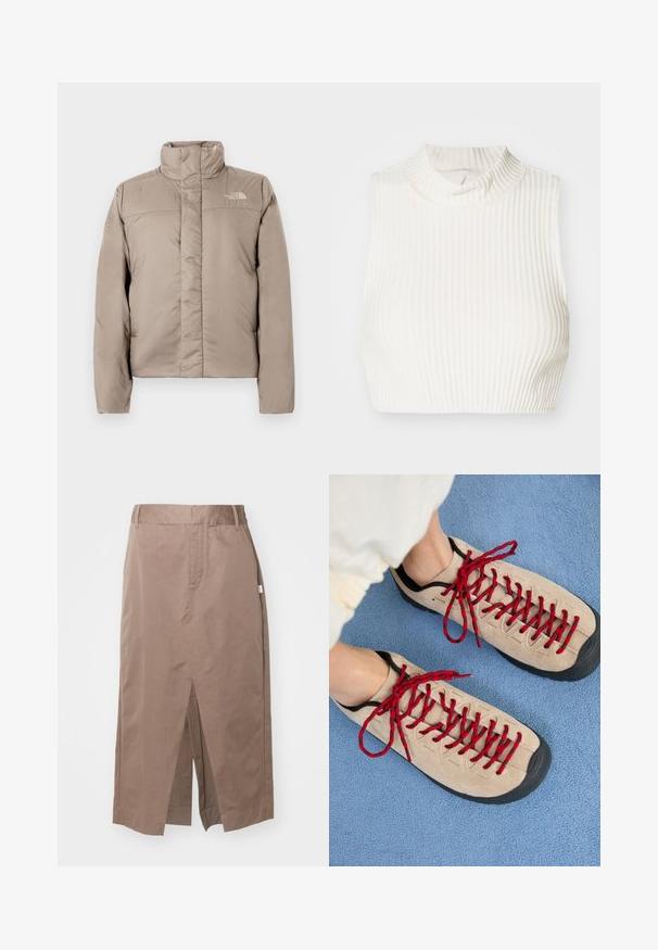 Doudoune de couleur beige clair avec un col haut, un design matelassé et un logo sur la poitrine gauche. Texture lisse et fermeture éclair à l'avant.; Crop top sans manches en ribbed blanc avec un col haut et un subtil détail de boutons au niveau du col, fabriqué à partir d'un tissu lisse et extensible.; Jupe en coton marron au design droit, dotée d'une fente avant, de poches latérales et d'une taille standard. Texture lisse et coutures adaptées.; Des chaussures beiges avec des lacets rouges, posées sur une surface bleue texturée, révèlent partiellement la cheville d'une personne. Les chaussures ont un design sportif.