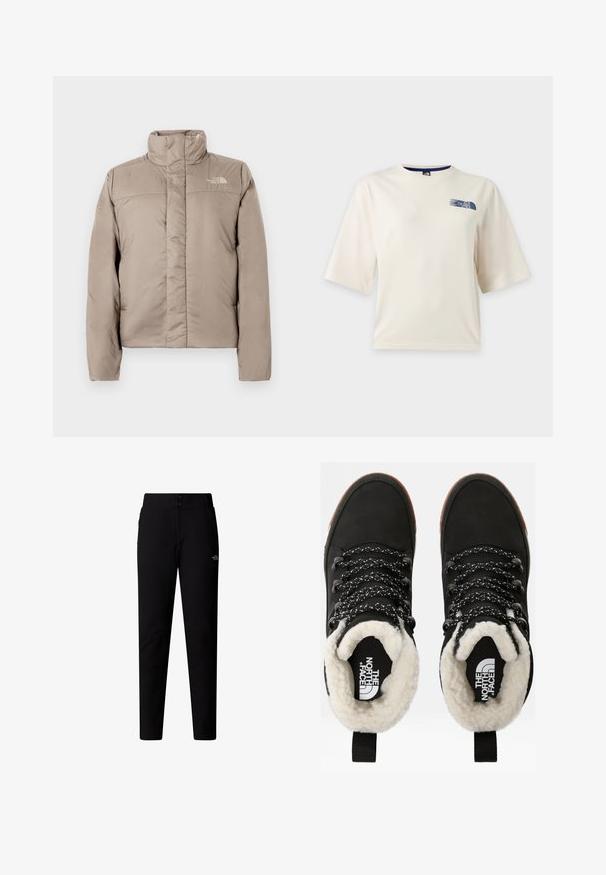 Pufferjack in lichtbeige met een hoge kraag, verwerkte ontwerping en logo op de bovenste linkerborst. Makkelijke structuur en ritssluiting aan de voorkant.; Wit T-shirt met korte mouwen met een klein blauw The North Face-logo op de bovenste linkerborst.; The North Face W QUEST SOFTSHELL PANTS - Broek - tnf black; Zwarte waterdichte enkellaarsjes met een faux fur voering, textuurovereenkomst, wit en zwart gestreepte veters, en een trekhaak bij de hiel.