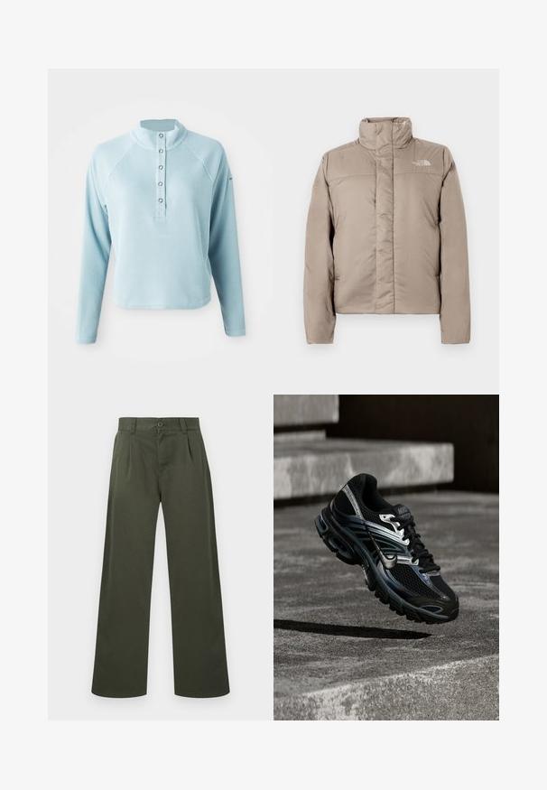 Bunda typu puffer v svetlo béžovej farbe s vysokým golierom, prešívaným dizajnom a logom na hornej ľavej časti hrude. Hladký povrch a predné zapínanie na zips.; Svetlomodrý dlhý rukáv top s vysokým golierom, štruktúrovanou tkaninou a zapínaním na gombík. Obsahuje raglánové rukávy a skrátený spodok.; Olivovo zelené nohavice rovného strihu s pútkami na opasok, zapínaním na gombíky vpredu a bočnými vreckami na bielom pozadí.; Čierno-strieborná bežecká topánka Nike vznášajúca sa nad betónovými schodmi, zobrazujúca detailný dizajn a textúrovanú podrážku v exteriéri.