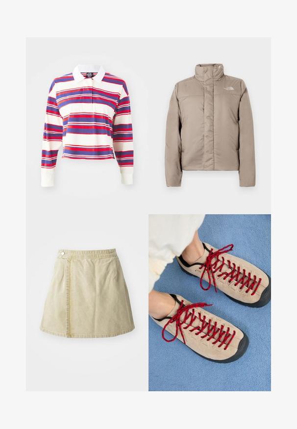 Bunda typu puffer v svetlo béžovej farbe s vysokým golierom, prešívaným dizajnom a logom na hornej ľavej časti hrude. Hladký povrch a predné zapínanie na zips.; Dlhý rukáv polo tričko v krémovej farbe s horizontálnymi prúžkami v modrej, červenej a bielej farbe. Obsahuje biely golier a skrátený strih. Mäkká tkanina.; Khaki mini sukňa vyrobená z mäkkej tkaniny, ktorá má bočné zapínanie na gombík, hladký povrch a jemne rozšírený strih s lemom nad kolenami.; Béžové topánky s červenými šnúrkami sú položené na modrej textúrovanej ploche, pričom čiastočne odhaľujú členok osoby. Topánky majú športový dizajn.