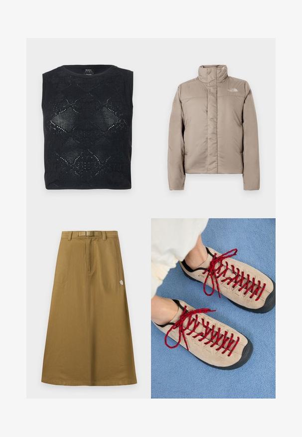 Doudoune de couleur beige clair avec un col haut, un design matelassé et un logo sur la poitrine gauche. Texture lisse et fermeture éclair à l'avant.; Haut noir sans manches en maille avec motif de dentelle florale et encolure ronde, plié à plat sur un fond clair.; Jupe longue extérieure beige avec poches avant, ceinture intégrée et logo The North Face sur le côté droit.; Des chaussures beiges avec des lacets rouges, posées sur une surface bleue texturée, révèlent partiellement la cheville d'une personne. Les chaussures ont un design sportif.