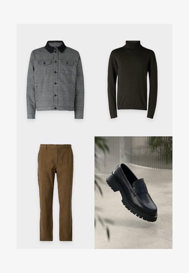 Veste à carreaux noire et grise avec un col en sherpa noir, fermeture à boutons sur le devant et deux poches poitrine avec rabat. Matériau en mélange de coton.; Pull à col roulé vert foncé en matériau tricot doux, doté de manches longues et de poignets et d'un ourlet côtelés. Texture lisse avec un minimum de détails.; Pantalons en velours côtelé marron avec une coupe droite, présentant des côtes verticales, une fermeture à boutons sur le devant et des poches latérales pour plus de praticité.; Mocassins en cuir noir avec une semelle à crampons épaisse, dotés d'une sangle décorative et de détails de couture. Texture lisse avec une finition polie.