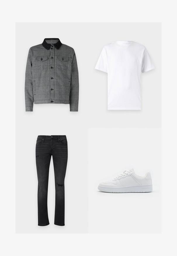 Veste à carreaux noire et grise avec un col en sherpa noir, fermeture à boutons sur le devant et deux poches poitrine avec rabat. Matériau en mélange de coton.; T-shirt blanc à manches courtes en coton avec un col rond, présentant une texture lisse et un design simple, sans motifs ni accents.; Jeans en denim noir avec une coupe slim, présentant des zones déchirées visibles au niveau des genoux, cinq poches, ainsi qu'une fermeture standard à bouton et à glissière.; Baskets blanches en matière synthétique lisse, avec des lacets plats, une pointe perforée et une semelle en caoutchouc dotée d'un motif de grip texturé.
