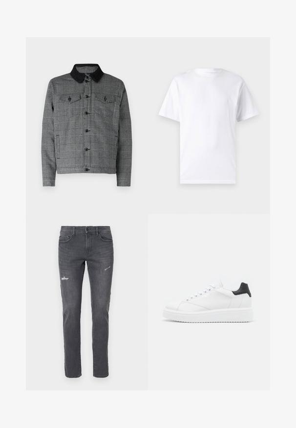 Sort og grå plaidjakke med en sort sherpa-krave, frontknaplukning og to brystlommer med flap. Materialet er en bomuldsblanding.; Hvid kortærmet t-shirt lavet af bomuld med rund hals, der har en glat tekstur og et simpelt design uden mønstre eller accenter.; Mørkegrå jeans i denim med slim fit, med slidte detaljer og fem lommer. Klassisk design med diskret lysning og lige ben.; Hvide lædersneakers med en sort hælflap, flade snørebånd, struktureret mellemsål og branding på ydersiden. Designet til afslappet brug.