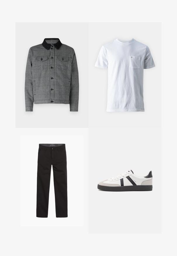 Chaqueta de cuadros en negro y gris con un cuello de sherpa negro, cierre de botones en el frente y dos bolsillos en el pecho con solapa. Material de mezcla de algodón.; Camiseta blanca de algodón con cuello redondo, mangas cortas y un bolsillo en el pecho izquierdo, con un pequeño logo en el bolsillo. Textura suave.; Pantalones de algodón negros con una textura suave, diseño de pierna recta, cremallera en la bragueta y dos bolsillos frontales; estilo minimalista y versátil.; Zapatilla blanca con acentos en negro y gris, que presenta una puntera texturizada en gris, suela de goma negra y cordones planos blancos. Diseño limpio, estilo minimalista.