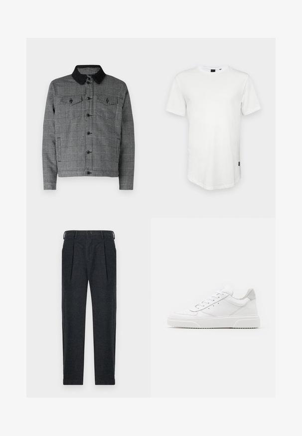 Zwarte en grijze geruite jas met een zwarte sherpa kraag, een knoopsluiting aan de voorkant en twee borstzakken met klep. Gemaakt van een katoenmix.; Witte t-shirt met korte mouwen, gemaakt van katoen, met een ronde halslijn en een iets verlengde achterkant, voorzien van een klein logo-accent aan de zijkant.; Grijze wolmix broek met twee voorplooien, riemlusjes, zijzakken en een knoopsluiting. Rechtdoorgaand ontwerp met een zachte textuur.; Witte leren sneakers met een gladde afwerking, ronde neus, platte veters en een gestructureerde zool. Grijze suède accent bij de hiel.