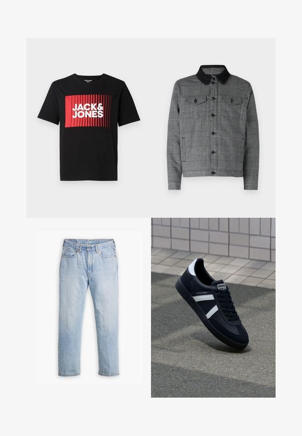 Sort og grå plaidjakke med en sort sherpa-krave, frontknaplukning og to brystlommer med flap. Materialet er en bomuldsblanding.; Sort t-shirt med korte ærmer, der har et rødt rektangulært grafisk design med lodrette linjer og teksten "JACK & JONES" i hvid.; Lysblå denimjeans med lige bendesign, fem lomme stil og kontrastsyet. Knap- og lynlåslukning i taljen.; Sort lædersneaker med hvide striber, tekstureret gummisål og snørrebånd foran. Har et brandet mærke på tungen.