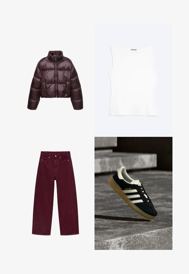 Kort, dyb lilla dunjakke med høj krave, lynlås og vandret vatteret mønster samt to forlommer.; Hvid tætsiddende ærmeløs tanktop med rund halsudskæring og minimalistisk design, mærket "WEEKDAY" indeni kraven.; Bordeaux bredde ben jeans lavet af bomuldsdenim, med fire-pocket design og metalknap lukning med matchende syninger.; Sort Adidas München-sneaker med hvide striber og gummisål svævende over ribbet betontrappe.