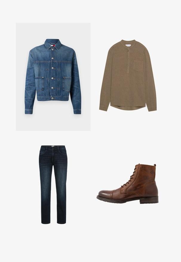 Denimjakke i mørkeblå, med knaplukning foran, to brystlommer og diskret falming. Lige snit med klassisk krave.; Langærmet skjorte med knapper i brunt tekstureret stof. Har en rund halsudskæring, frontlomme og lige kant. Knapper i midten foran.; Mørk vaskede denimjeans med lige ben, der har fem lommer, knaplukning og subtil fading langs lårene.; Brune læderankelstøvle med snørebånd, rund tå, gummisål og subtil ton i ton syning. Har en lille løkke på bagsiden.