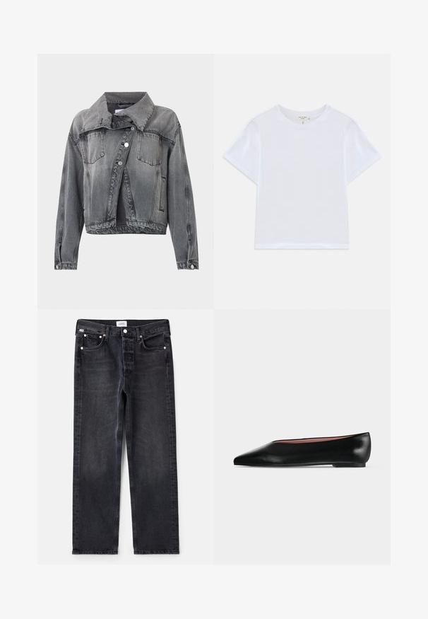 Falmet sort denimjakke med knapper foran, to brystlommer, sidelommer, lange ærmer og en bred krave.; Hvid cropped t-shirt lavet af blødt bomuld, med rund hals og korte ærmer og en let løs pasform. Ingen mønstre eller accenter.; Sorte denimjeans med lige pasform, fem lommer, sølvhardware og en let falmet tekstur. Klassisk design med minimal detaljering.; Sort damesko i læder med flad hæl og spids tå, vist fra siden på en ensfarvet lys grå baggrund.
