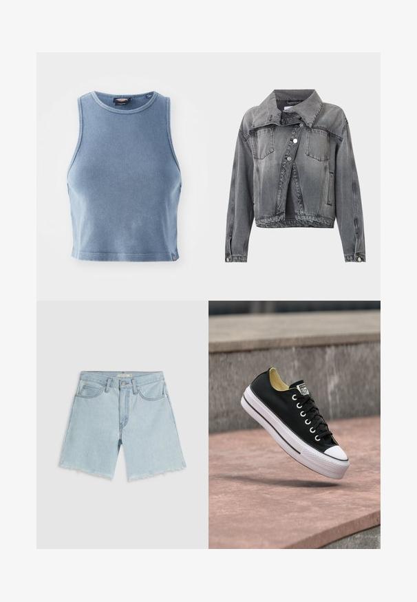 Falmet sort denimjakke med knapper foran, to brystlommer, sidelommer, lange ærmer og en bred krave.; Lyseblå ribbet crop top med rund udskæring og ærmeløst design. Glat tekstur og en lille logo detalje ved kanten.; Lyseblå denimshorts med frynset kant, fire lommer og lynlåslukning; har subtil falming og sølvfarvet hardware.; Sort lavskoet sneaker med hvid gummisål og tåhætte, som står på en lyserød betonoverflade nær en grå stenbænk.