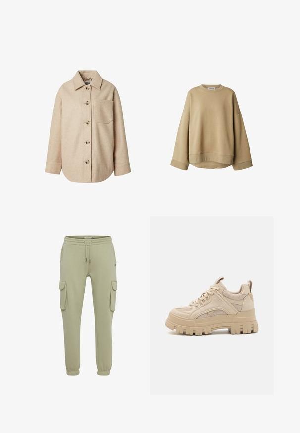 Beige wolmix shirtjack met een kraag, knopen aan de voorkant, lange mouwen en een enkele borstzak. Zachte textuur en een relaxte pasvorm.; Beige sweatshirt gemaakt van zachte stof, met een losse pasvorm, verlaagde schouders en een geribbelde halslijn en manchetten. Eenvoudig, minimalistisch ontwerp.; Lichtgroene cargobroeken van zacht stof, met zijzakken, elastische manchetten en een koordje in de taille voor een verstelbare pasvorm.; Beige chunky sneakers met een mix van mesh en suede materialen, voorzien van een dikke zool en opvallende profiel, vetersluiting en merkdetails.