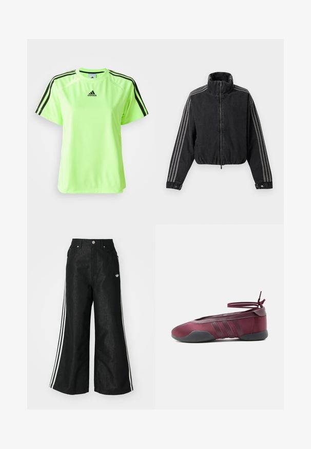 Chaqueta negra con cremallera, cuello alto y tres rayas grises que recorren cada manga, bajo elástico y puños abotonados.; Camiseta deportiva de color verde neón, fabricada con tejido que absorbe la humedad. Presenta un diseño de tres rayas negras en los hombros y un logo centrado en el pecho.; Pantalones de denim anchos y negros con tres franjas blancas en cada lado y un pequeño logo blanco. Cuenta con bolsillos frontales y un cierre de botón.; Bailarina burdeos con suela negra, tiras elásticas en el tobillo atadas en moño y detalles cosidos en los laterales, vista desde el lado exterior.