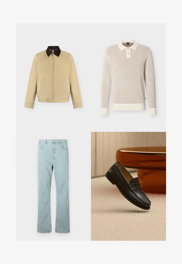 Beige Jacke mit Reißverschluss, dunkelbraunem Kragen, zwei Fronttaschen, langen Ärmeln und elastischem Saum, auf weißem Hintergrund dargestellt.; Beiger, strukturierter, langärmeliger Strick-Polo-Pullover mit weißem Kragen, zwei Knöpfen sowie gerippten Bündchen und Saum.; Hellblaue Jeans aus Denim mit geradem Schnitt, fünf Taschen und einem einzigen Knopfverschluss. Abgerundet mit dezenten Steppdetails.; Schwarzer Leder-Loafer, der über einem hellbeigen Teppich schwebt, mit bernsteinfarbenen modernen Möbeln im Hintergrund.