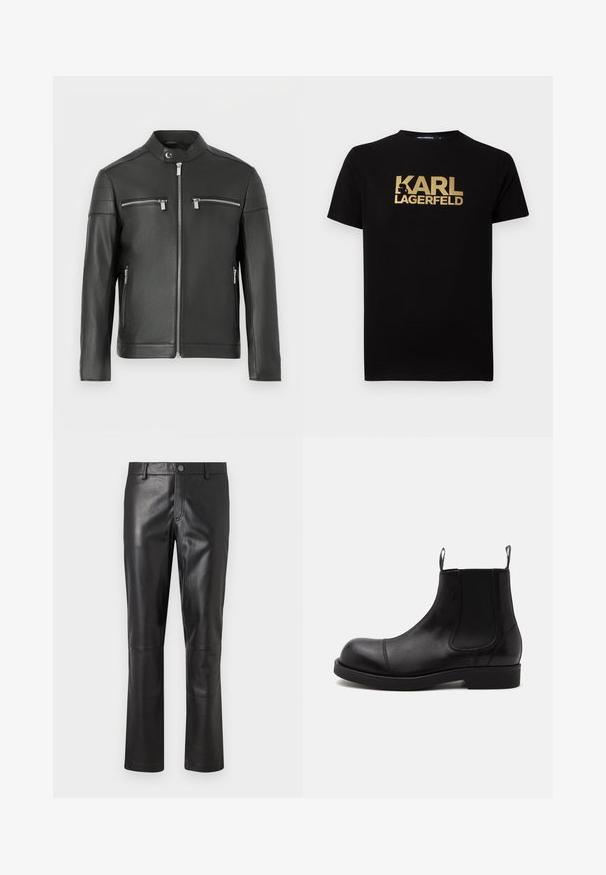 Zwarte leren jas met een opstaande kraag, twee borstzakken met rits en schouderdetails met doorgestikte accenten. Gladde textuur.; Zwarte katoenen t-shirt met goudkleurige tekst "KARL LAGERFELD" op de voorkant. Korte mouwen en een klassiek ronde hals ontwerp.; Zwarte leren broeken met een gladde textuur, recht model en subtiele stiksel langs de naden. Voorzien van een knoopsluiting in de taille.; Zwarte leren Chelsea-boot met afgeronde neus, elastische zijpanelen, aantreklussen voor en achter, platte zool, van opzij getoond op witte achtergrond.