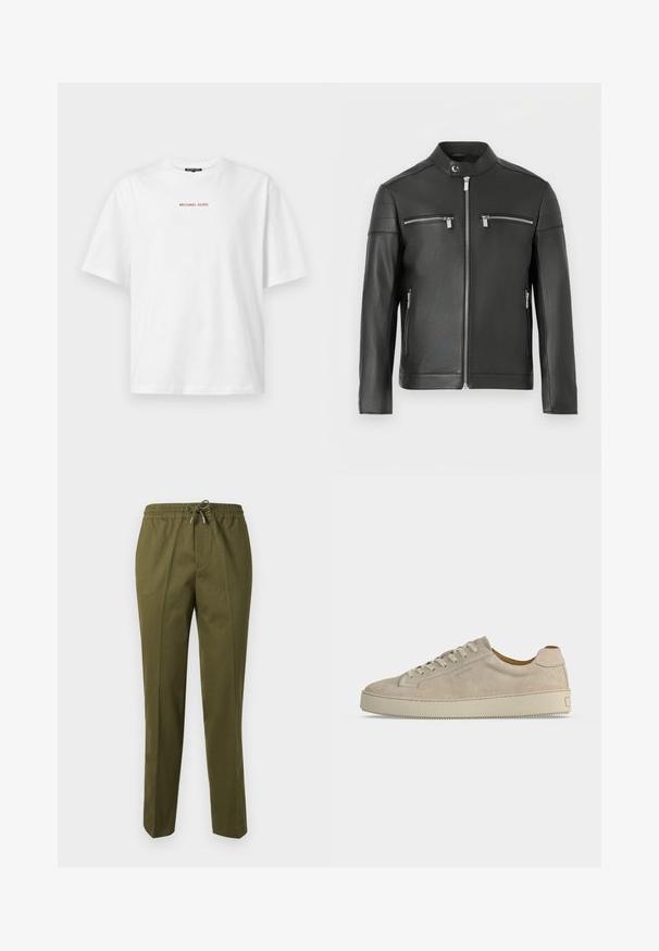 Zwarte leren jas met een opstaande kraag, twee borstzakken met rits en schouderdetails met doorgestikte accenten. Gladde textuur.; Wit T-shirt met korte mouwen en ronde hals, met kleine rode "MICHAEL KORS" tekst gecentreerd op de borst.; Olijfgroene, lichte broek met een elastische tailleband, een trekkoordsluiting en een getailleerd ontwerp met voorplooien.; Beige suède lage sneaker met vetersluiting en dikke rubberen zool, gezien vanaf de zijkant op een effen witte achtergrond.