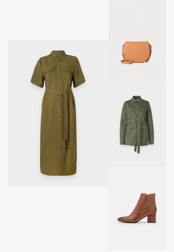 Olijfgroene jas van katoen, met een knoopsluiting aan de voorkant, twee borstzakken, een ceintuur in de taille, en een kraag, met lange mouwen.; Khaki shirtjurk, korte mouwen, knopen aan de voorkant, twee borstzakken, ceintuurlijn, middellange lengte, gladde stoftextuur.; Bruine leren enkelboots met een spitse neus, middelhoge blokhak en minimale naaddetails. Glad textuur met een gepolijste afwerking.; Tan leren schoudertas met een gebogen silhouet, gouden merklogo en verstelbare riem. Zachte textuur, minimalistisch ontwerp.