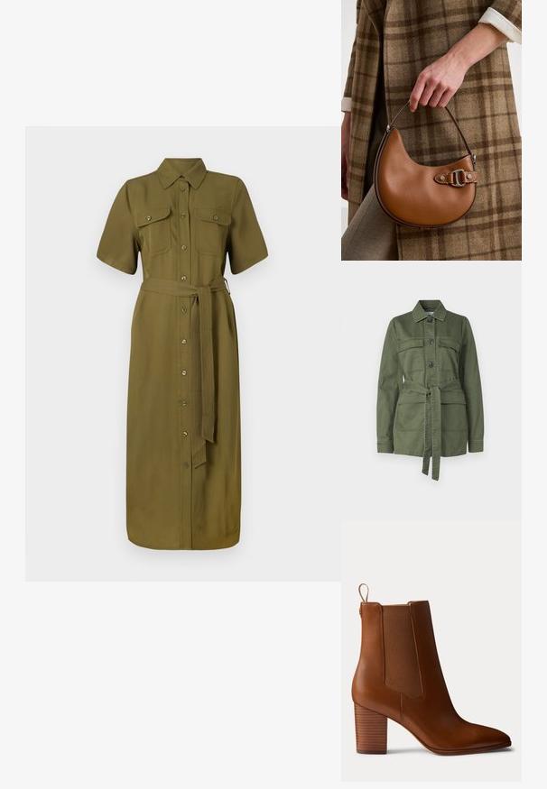 Chaqueta verde oliva de algodón, con cierre de botones en el frente, dos bolsillos en el pecho, cintura con cinturón y cuello, con mangas largas.; Vestido camisa color caqui, de mangas cortas, con botones en el frente, dos bolsillos en el pecho, cintura ajustada con cinturón, de longitud media, con textura de tela suave.; Botín marrón de cuero con tacón bloque, paneles laterales elásticos y lengüeta de tirador en la parte trasera, mostrado de perfil sobre un fondo liso.; Mano sosteniendo un bolso marrón de cuero en forma de media luna con hebilla plateada, vistiendo abrigo marrón a cuadros y manga blanca con puño.