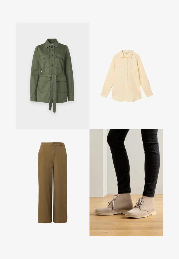 Chaqueta verde oliva de algodón, con cierre de botones en el frente, dos bolsillos en el pecho, cintura con cinturón y cuello, con mangas largas.; Camisa de manga larga de color amarillo pálido con botones, cuello y bolsillo en el pecho, colocada sobre un fondo blanco.; Pantalones de pierna ancha marrones, fabricados con una mezcla de algodón texturizado, que cuentan con un cierre frontal de botón y un diseño de cintura estándar.; Botas de ante beige hasta el tobillo con punta redondeada, diseño de cordones y costuras en contraste, llevadas con pantalones negros ajustados sobre un suelo de madera.