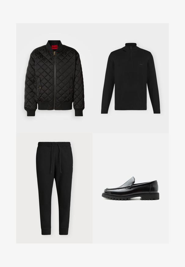 Veste bomber noire matelassée avec col, poignets et base côtelés, fermeture éclair à l'avant et deux poches à rabat avec bouton-pression.; Pull noir à manches longues avec col montant et demi-zip, poignets et ourlet côtelés, avec petit logo "BOSS" sur la poitrine gauche.; Pantalon de jogging noir avec taille élastique, cordon de serrage, chevilles resserrées et coupe décontractée, présenté sur un fond uni.; Mocassin en cuir noir avec semelle en caoutchouc épaisse, dessus cousu et nom de marque embossé sur le talon, présenté de profil sur fond blanc.