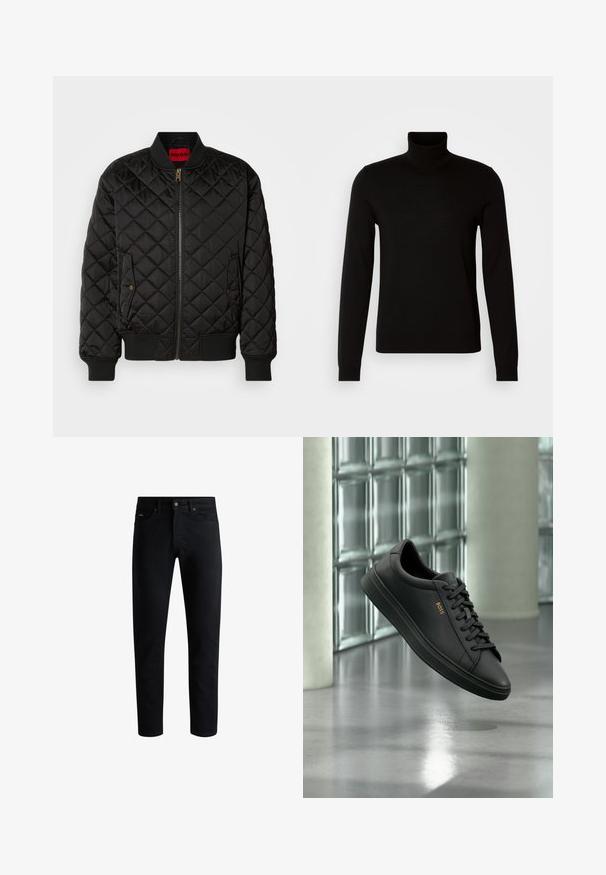 Sort quiltet bomberjakke med ribbet krave, manchetter og kant, lynlås foran og to klaplommer med trykknapper.; Sort turtleneck sweater lavet af et fint strikket stof, der har lange ærmer og en tætsiddende silhuet. Glat tekstur med ribbede manchetter.; Sorte slim-fit jeans med fem lommer, knaplukning og bæltestropper, præsenteret mod en hvid baggrund.; Sort lavtopet lædersneaker med sorte snørebånd og gyldent BOSS-logo på siden, svævende over en blank grå gulv i et moderne indendørs rum.