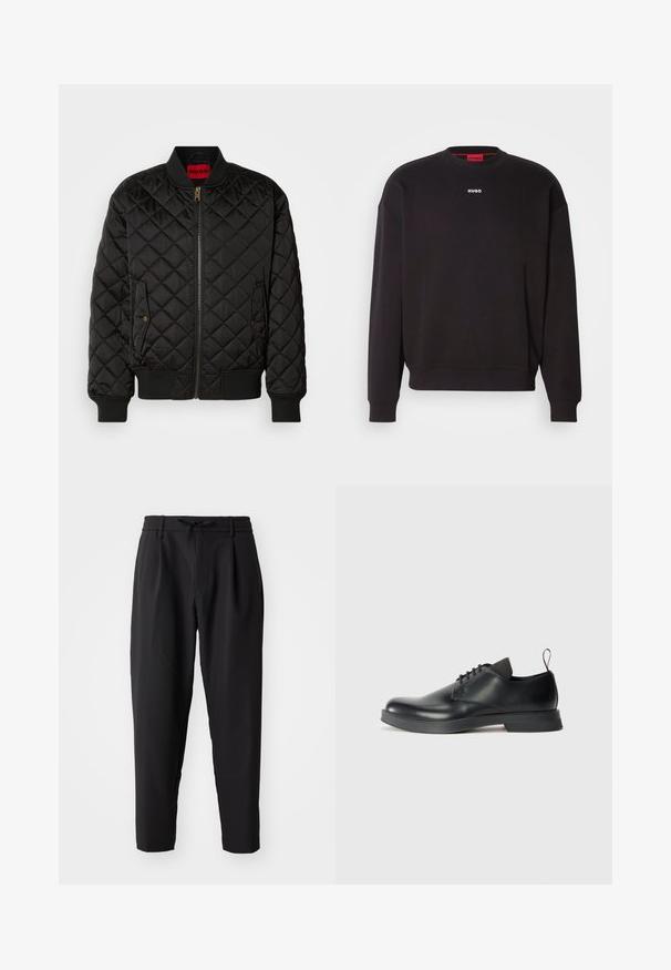 Sort quiltet bomberjakke med ribbet krave, manchetter og kant, lynlås foran og to klaplommer med trykknapper.; Sort sweatshirt lavet af en blanding af bomuld, med rund hals, dropped skuldre og et lille hvidt "HUGO" logo på brystet.; Sorte tapered bukser med elastisk talje og snor. Glat stof med en let tekstur, udstyret med læg og sidelommer.; Sorte læder snøresko med en glat overflade, rund tå og minimalistisk design. Har en subtil kontrasterende hæftning og gummisål.