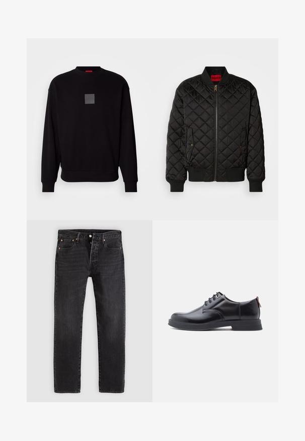 Zwarte gewatteerde bomberjack met geribde kraag, manchetten en zoom, voorrits en twee flapzakken met drukknoop.; Zwarte sweatshirt met lange mouwen, ronde halslijn, een grijzige vierkante logo op de voorkant, zachte textuur en geribde manchetten en zoom.; Zwarte denim jeans met een rechte pasvorm, voorzien van twee voorzakken, een muntenzakje en metalen klinknagels. Klassiek ontwerp met vijf zakken.; Zwarte leren veter schoenen met een gladde textuur, ronde neus en subtiel stiksel detail. Voorzien van een rode trekband op de hiel.