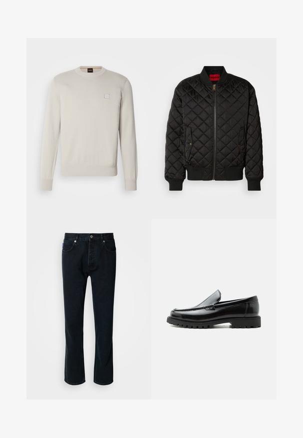 Schwarze gesteppte Bomberjacke mit geripptem Kragen, Bündchen und Saum, Frontreißverschluss und zwei Druckknopfklapptaschen.; Heller beiger Strickpullover mit langen Ärmeln, Rundhalsausschnitt, geripptem Saum und Bündchen, mit einem kleinen rechteckigen Logo auf der Brust.; HUGO JONAH - Jeans Straight Leg - dark blue; Schwarzer Lederloafer mit grober Gummisohle, genähter Oberseite und geprägtem Markennamen an der Ferse, seitlich auf weißem Hintergrund gezeigt.