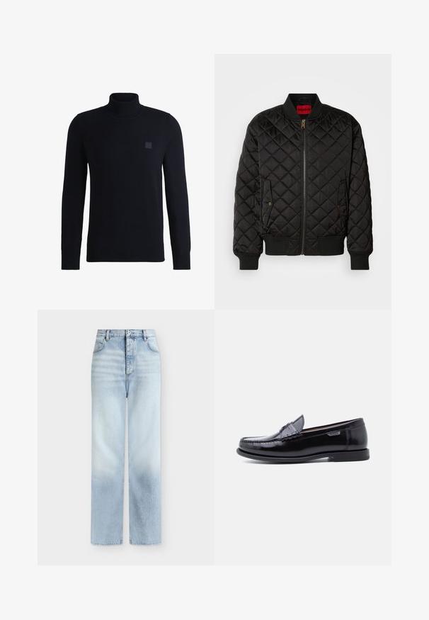 Chaqueta bomber negra acolchada con cuello, puños y dobladillo acanalados, cremallera frontal y dos bolsillos con solapa y botón a presión.; Suéter de cuello alto en azul marino, confeccionado en suave material de punto, con mangas largas y cuello acanalado. Incluye un parche de logo cuadrado en el pecho.; Vaqueros azul claro de talle alto y pierna recta con bolsillos delanteros, trabillas para cinturón y cierre de botón.; Mocasines de cuero negro con acabado brillante, que presentan un diseño cosido en la puntera y una suela baja de goma negra texturizada.