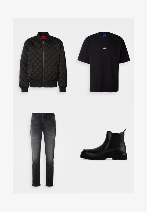 Schwarze gesteppte Bomberjacke mit geripptem Kragen, Bündchen und Saum, Frontreißverschluss und zwei Druckknopfklapptaschen.; Schwarzes Baumwoll-T-Shirt mit Rundhalsausschnitt, kurzen Ärmeln und einem weißen rechteckigen "HUGO"-Logo auf der Brust. Glatte Textur, lockere Passform.; Schwarze Jeans aus Denim mit geradem Bein. Verfügt über einen Knopf- und Reißverschluss, fünf Taschen und dezente Ausbleichungen im Stoff.; Schwarzer Lederknöchelstiefel mit strukturierter Sohle, elastischen Seitenteilen und Zuglasche vor einem hellgrauen Hintergrund.