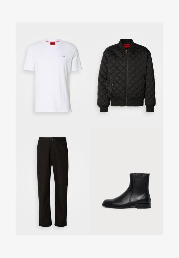 Chaqueta bomber negra acolchada con cuello, puños y dobladillo acanalados, cremallera frontal y dos bolsillos con solapa y botón a presión.; Camiseta de algodón blanca de mangas cortas, con un escote redondo y pequeño logo negro "HUGO" en el lado izquierdo del pecho. Presenta una etiqueta en el cuello interior de color rojo.; Pantalones de algodón negros con corte recto, presillas para el cinturón, cremallera frontal y un solo botón de cierre. Textura suave sin patrones visibles.; Botín negro de cuero con tacón bajo, costura lateral y pequeño logo "HUGO" en el puño superior sobre un fondo liso.