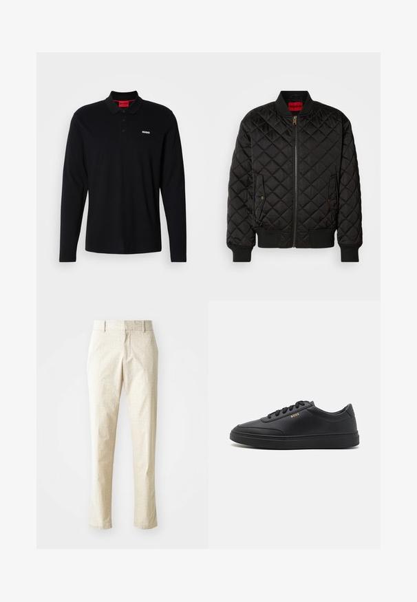 Schwarze gesteppte Bomberjacke mit geripptem Kragen, Bündchen und Saum, Frontreißverschluss und zwei Druckknopfklapptaschen.; Schwarzes Longsleeve-Polohemd aus Baumwolle mit rotem Kragen und Drei-Knopf-Leiste, ausgestattet mit einem weißen "HUGO"-Logo auf der Brust.; Hellbeige maßgeschneiderte Hose mit strukturiertem Muster, geradem Beinanschnitt und mittelhoher Taille, mit Gürtelschlaufen und ohne sichtbare Taschen.; Schwarze Leder-Sneaker mit glatter Textur, runder Zehenpartie, flacher Gummisohle und einfarbigen Schnürsenkeln. Mit goldfarbenem "BOSS" Logo an der Seite.