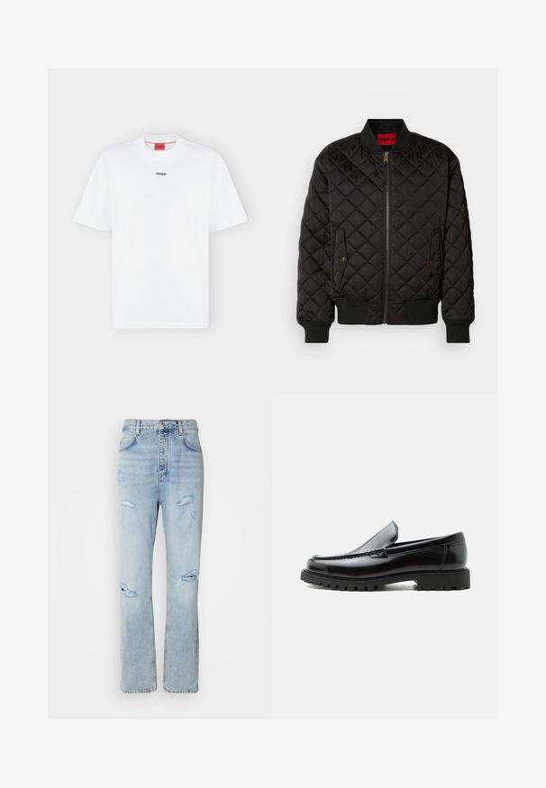 Schwarze gesteppte Bomberjacke mit geripptem Kragen, Bündchen und Saum, Frontreißverschluss und zwei Druckknopfklapptaschen.; Weißes T-Shirt mit kurzen Ärmeln und kleinem schwarzem "HUGO" Logo mittig auf der Brust und einem roten Etikett innen im Kragen.; Hellblaue Jeans mit legerer Passform, featuring distressed Stellen und fransigen Kanten. Der Stoff hat eine weiche, glatte Textur.; Schwarzer Lederloafer mit grober Gummisohle, genähter Oberseite und geprägtem Markennamen an der Ferse, seitlich auf weißem Hintergrund gezeigt.