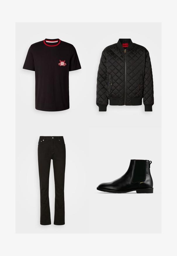 Chaqueta bomber negra acolchada con cuello, puños y dobladillo acanalados, cremallera frontal y dos bolsillos con solapa y botón a presión.; Camiseta de algodón negra con un cuello redondo acanalado en rojo y blanco. Tiene un logotipo bordado en rojo y blanco en el lado izquierdo del pecho.; Jeans de denim negro con diseño de pierna recta, que cuentan con bolsillos frontales, una cremallera y acentos de hardware plateado. Textura suave, sin patrones.; Botín de cuero negro con panel lateral elástico, tacón bajo, lengüeta trasera y pequeño logo dorado "HUGO" en el lateral exterior.
