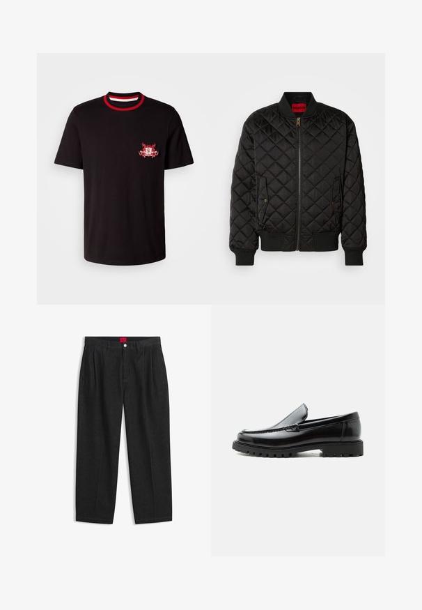 Schwarze gesteppte Bomberjacke mit geripptem Kragen, Bündchen und Saum, Frontreißverschluss und zwei Druckknopfklapptaschen.; Schwarzes Baumwoll-T-Shirt mit einem rundem, rot-weißen Rippkragen. Es hat ein rot-weiß gesticktes Logo auf der linken Brust.; Schwarze Hose mit hoher Taille, vorderen Falten, Gürtelschlaufen, Knopf- und Reißverschluss sowie einem roten Etikett innen am Bund.; Schwarzer Lederloafer mit grober Gummisohle, genähter Oberseite und geprägtem Markennamen an der Ferse, seitlich auf weißem Hintergrund gezeigt.