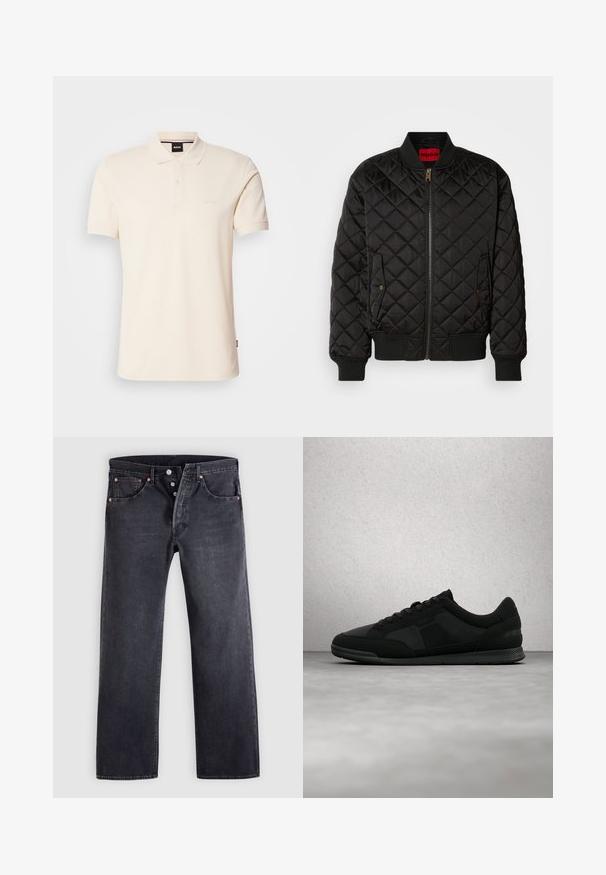Schwarze gesteppte Bomberjacke mit geripptem Kragen, Bündchen und Saum, Frontreißverschluss und zwei Druckknopfklapptaschen.; Beige Poloshirt aus Baumwolle mit Kragen und Knopfleiste mit zwei Knöpfen. Auf der Brust ist das Logo "BOSS" gestickt, kurze Ärmel, schlichtes Design.; Schwarze Jeans aus Denim mit geradem Schnitt, Fünf-Taschen-Design und kupferfarbenen Knopfakzenten. Glatte Textur mit leicht verblasstem Finish.; Schwarzer BOSS-Sneaker mit strukturierten Einsätzen und Schnürsenkeln, schwebt über einem polierten Betonboden in der Nähe von Glasbausteinen und einer weißen Säule.
