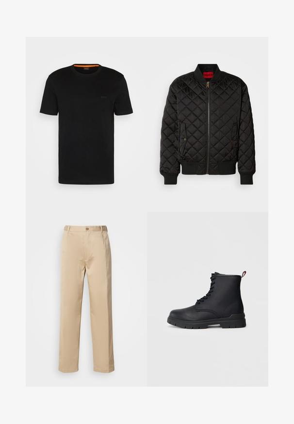 Veste bomber noire matelassée avec col, poignets et base côtelés, fermeture éclair à l'avant et deux poches à rabat avec bouton-pression.; T-shirt noir à manches courtes fabriqué en tissu doux, avec un col rond et un logo discret à l'avant. Le col intérieur comporte un accent orange.; Pantalons beiges en tissu léger, avec une coupe droite, une taille avec passants de ceinture et une fermeture à bouton sur le devant.; Bottine en cuir noir avec un laçage sur le devant, semelle en caoutchouc épaisse et tirant rouge à l'arrière, présentée sur un fond clair et unicolore.