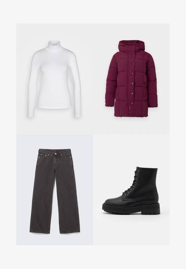 Lange paarse gewatteerde winterjas met capuchon, voorrits bedekt met een flap met drukknoopsluiting, en zijzakken.; Witte langemouwen turtle neck shirt van een soepel, rekbaar stof. Heeft een strakke pasvorm en een hoge kraag. Geen zichtbare patronen of accenten.; Zwarte denim jeans met wijde pijpen, koperen klinknagels, vijf zakken en een knoopsluiting. Zachte, stevige textuur met een rechte snit van taille tot zoom.; Zwarte leren enkellaarzen met een ronde neus, gestructureerde bovenkant, metalen veterogen en een dikke, robuuste rubberen zool. Voorzien van een vetersluitingen.