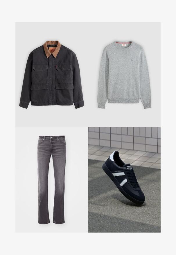 Dunkelgraue Arbeitsjacke mit vier vorderen Klappentaschen und einem kontrastierenden braunen Kragen vor hellem grauem Hintergrund.; Hellgrauer strukturierter Strickpullover mit Rundhalsausschnitt und langen Ärmeln sowie kleinem Levi’s-Logo auf der linken Brust.; Nahaufnahme von schwarzen Denim-Jeans auf der Rückseite mit Lee-Lederpatch und kleinem Stofflabel, getragen mit einem in die Hose gesteckten weißen Hemd.; Schwarze Leder-Sneaker mit weißen Streifen, strukturiertem Gummisohle und Schnürung. Verfügt über ein Markenetikett auf der Zunge.