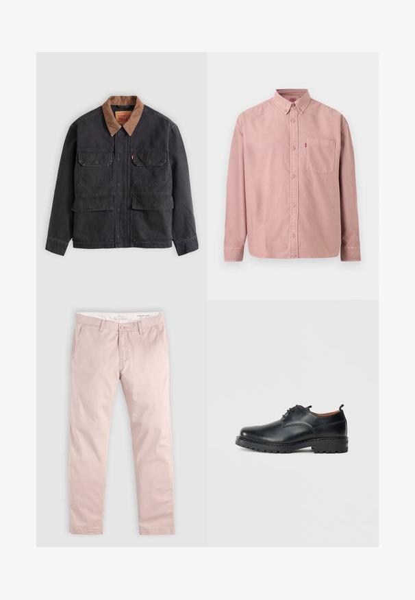 Veste de travail gris foncé avec quatre poches à rabat à l'avant et un col marron contrasté sur fond gris clair.; Chemise rose à manches longues avec boutons, poche avant et col boutonné, présentée sur un fond uni.; Pantalon slim rose clair avec passants de ceinture, bouton frontal, fermeture éclair, et poches latérales en biais, posé à plat sur un fond clair.; Chaussures derby en cuir noir avec une texture lisse, bout rond, design à lacets et une semelle en caoutchouc épaisse et robuste.