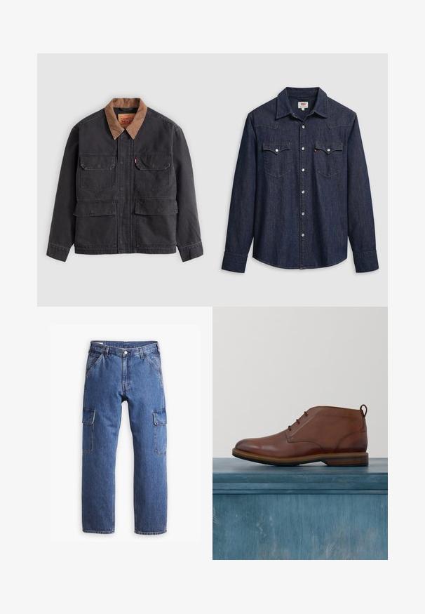 Chaqueta de trabajo gris oscuro con cuatro bolsillos delanteros con solapa y un cuello marrón a contraste sobre un fondo gris claro.; Camisa de mezclilla azul oscuro con cuello puntiagudo, botones a presión y bolsillos en el pecho. Cuenta con detalles de costura y mangas largas.; Pantalones cargo de mezclilla azul con un diseño de pierna recta, dos bolsillos laterales y detalles de costura visibles. En general, estilo casual y funcional.; Botín de cuero pulido marrón con cordones, flotando sobre un suelo de concreto claro y agrietado, con plantas borrosas y una ventana al fondo.