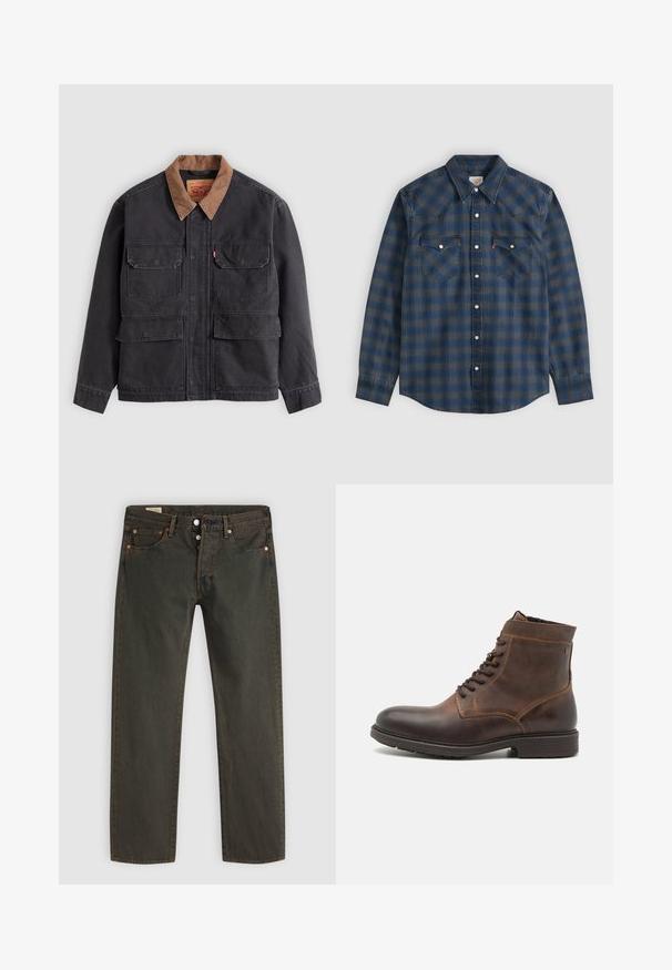 Veste de travail gris foncé avec quatre poches à rabat à l'avant et un col marron contrasté sur fond gris clair.; Chemise à carreaux bleue et grise à manches longues avec col pointu et deux poches poitrine à boutons sur le devant.; Jean en denim vert foncé, avec une coupe droite, cinq poches, des éléments en métal cuivre et un léger délavage.; Jack & Jones JFWDELANEY BOOT - Bottines à lacets - cognac