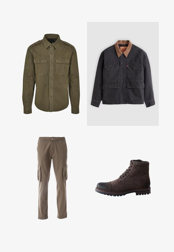 Chaqueta de trabajo gris oscuro con cuatro bolsillos delanteros con solapa y un cuello marrón a contraste sobre un fondo gris claro.; Camisa verde oliva de botones hecha de algodón. Cuenta con un cuello, dos bolsillos en el pecho con solapas y hombros estructurados con costuras visibles.; Pantalones cargo en tono caqui, con una cinturilla elástica, cierre de botón y dos bolsillos cargo laterales con solapa. Fabricados con tela duradera.; Botín de gamuza marrón oscuro con cordones, puntera reforzada negra y suela de goma robusta.
