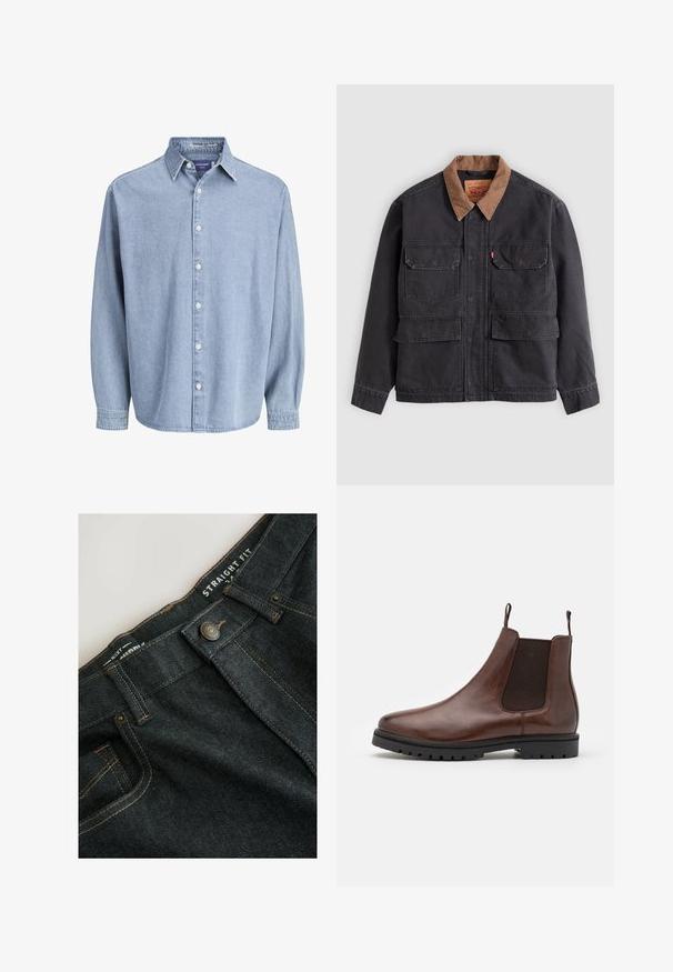 Donkergrijs werkjack met vier voorflapzakken en een contrasterende bruine kraag tegen een lichtgrijze achtergrond.; Lichtblauwe denim lange mouw knoophemd met kraag en witte knopen, weergegeven tegen een effen witte achtergrond.; Rechte denim jeans in donkerblauw, met een gladde textuur, contrasterende gouden stiksels en een metalen knoopsluiting.; Bruine leren Chelsea-boot met elastische zijpanelen, ronde neus en getextureerde rubberen zool, voorzien van trek-lussen voor gemakkelijke aan- en uittrekken.