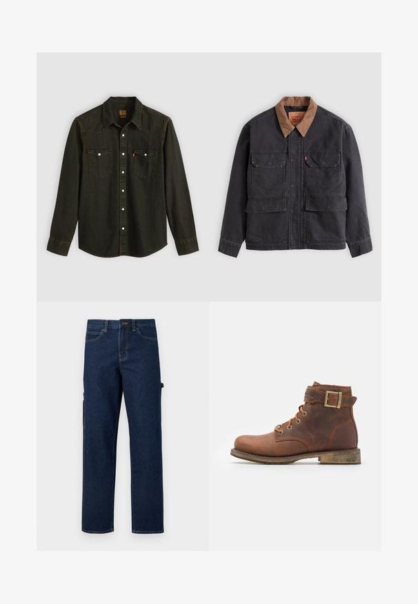 Donkergrijs werkjack met vier voorflapzakken en een contrasterende bruine kraag tegen een lichtgrijze achtergrond.; Zwart denim overhemd met lange mouwen, puntige kraag, twee borstzakken, zilveren knopen en gele stiksels. Klassiek westers ontwerp.; Donkerblauwe denim cargobroek met rechte pijpen, zijzakken en contrasterende stiksels. Voorzien van een knoopsluiting en riemlussen.; Harley Davidson VNTGMOTO SHORT RIDING APPROVED - Cowboy-/Bikerlaarsjes - brown