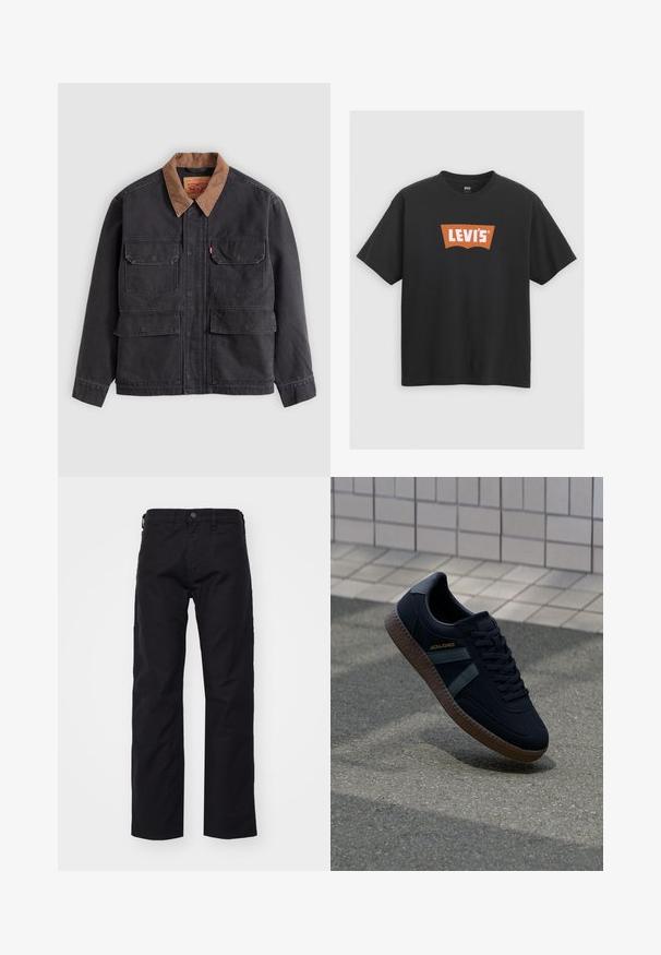 Donkergrijs werkjack met vier voorflapzakken en een contrasterende bruine kraag tegen een lichtgrijze achtergrond.; Zwarte katoenen t-shirt met een groot oranje Levi's logo op de voorkant, korte mouwen en een ronde hals.; Zwarte canvasbroek met een rechte pijp, voorzien van een voorste knoopsluiting, riemlussen en zijzakken. De textuur is soepel en duurzaam.; Zwarte sneaker met een gestructureerd oppervlak, donkergroene strepen en een bruine rubberen zool. Voorzien van veters en merknaam op de zijkant.