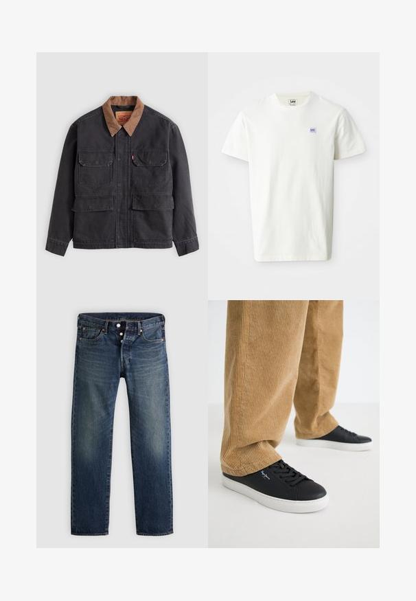Dunkelgraue Arbeitsjacke mit vier vorderen Klappentaschen und einem kontrastierenden braunen Kragen vor hellem grauem Hintergrund.; Weißes Baumwoll-T-Shirt mit Rundhalsausschnitt und kurzen Ärmeln. Auf der linken Brust befindet sich ein kleines rechteckiges Logo von Lee in lila und blau.; Klassische Jeans mit geradem Bein aus blauem Denim, ausgestattet mit fünf Taschen, einem Knopfleistenverschluss und dezenten Verwaschungen sowie Kupfernieten und Ziernähten.; Schwarze Ledersneaker mit weißen Gummisohlen. Getragen mit beigen Cordhosen, die vertikale Rippungen und eine lockere Passform aufweisen.