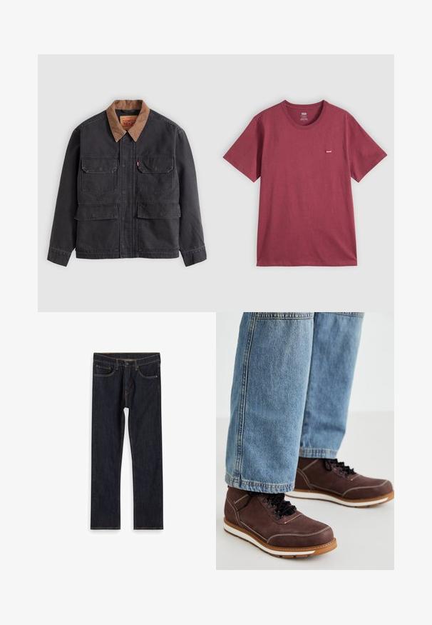 Mørkegrå arbejdsjakke med fire forlommer med klapper og en kontrasterende brun krave mod en lysegrå baggrund.; Ensfarvet bordeaux kortærmet t-shirt med rund hals og et lille rødt Levi's-logo på venstre bryst.; Mørkeblå lige ben denim jeans med forlommer, bæltestropper og kontrast orange syninger, lagt fladt på hvid baggrund.; Brune lædersko med sorte snørebånd, hvid syning og gummisål. Bæres sammen med lyseblå denim jeans i en let løs pasform.