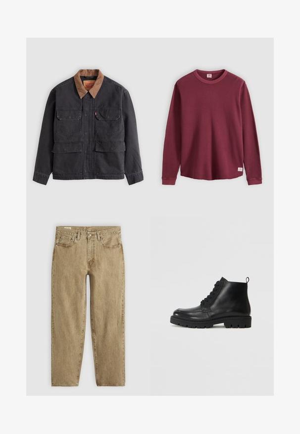 Dunkelgraue Arbeitsjacke mit vier vorderen Klappentaschen und einem kontrastierenden braunen Kragen vor hellem grauem Hintergrund.; Langärmeliges, geripptes burgunderrotes Rundhalsshirt mit gekämmten Ärmeln und einem kleinen weißen Levi's-Label am unteren Saum auf einfarbigem Hintergrund.; Beige Denim-Jeans mit lockerer Passform, Fünf-Taschen-Design, sichtbaren Nähten und einem leicht verwaschenen Look; Knopf- und Reißverschluss.; Schwarze Leder Stiefeletten mit runder Zehe, Schnürverschluss und strukturiertem Gummisohle. Mit einer Ziehlasche an der Ferse für einfaches Anziehen.